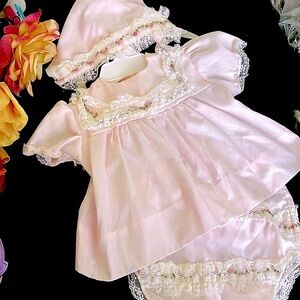 Vintage 80s 3 piece matching set pink with lots lace with rumba pants n bonnet